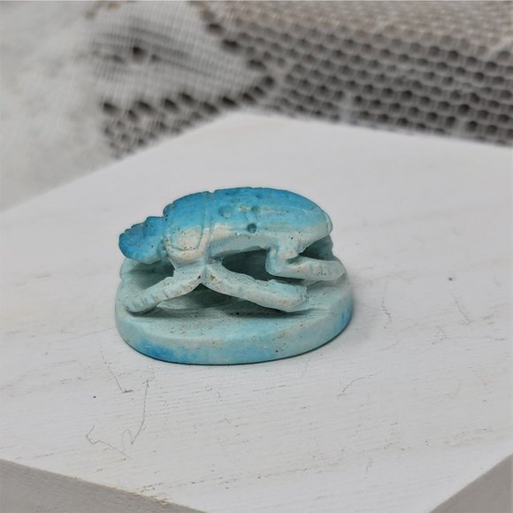 Vintage Clay Scarab Bead from Egypt Hieroglyphics Blue - Picture 4 of 9